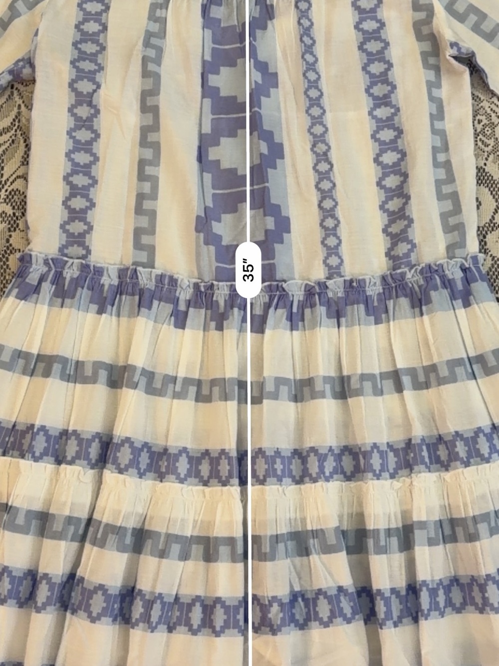 Bindu Cotton Blue & White Geometric Print Tiered Ruffled Bell Sleeves Mini Dress - Picture 5 of 9